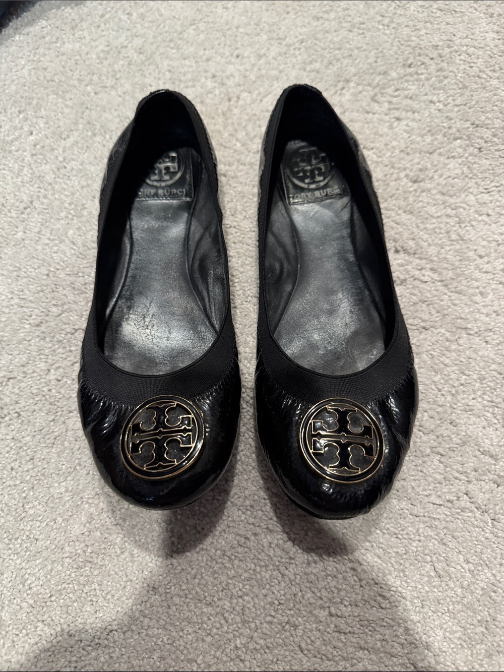 Tory Burch Black Patent Logo Round-Toe Ballet Flats